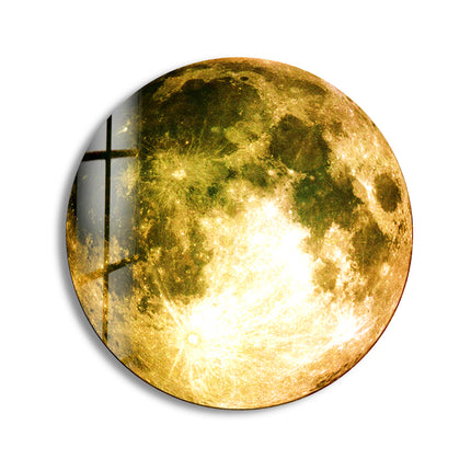 Moon Patterned Golden Abstract Round Glass Wall Art print on glass, glass printed photos
