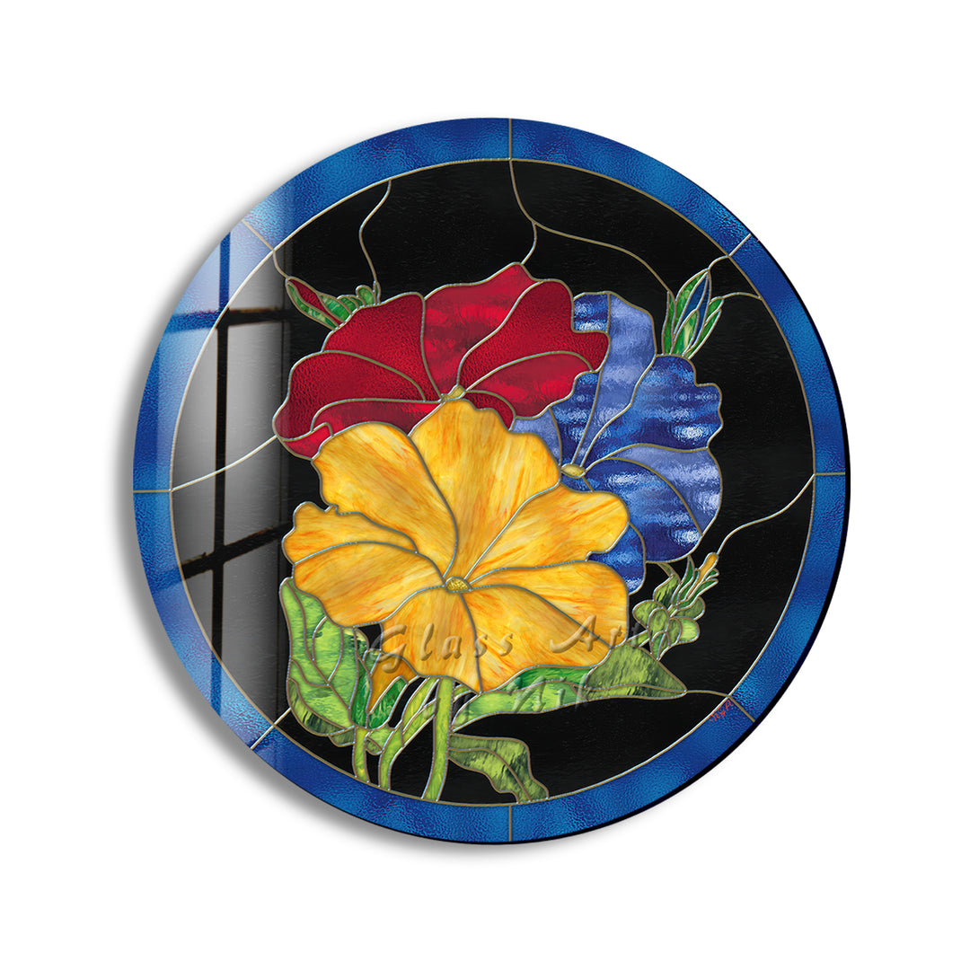 Colorful Flowers Round Glass Wall Art picture on glass wall art, photos printed on glass
