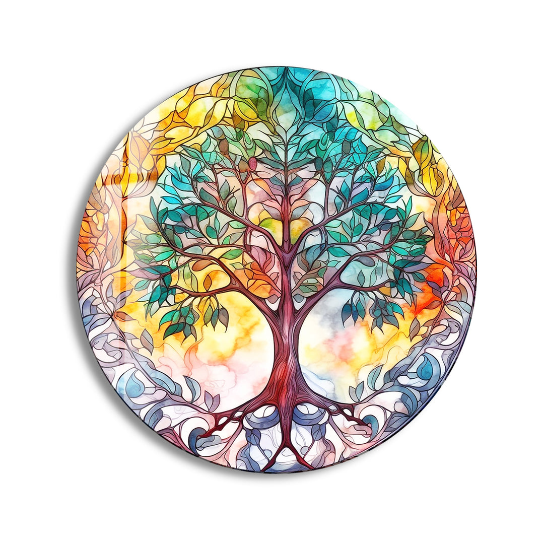 Colorful Tree Mandala Round Glass Wall Art glass photo prints, glass picture prints