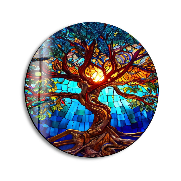 Stained Tree of Life Round Glass Wall Art picture on glass wall art, photos printed on glass