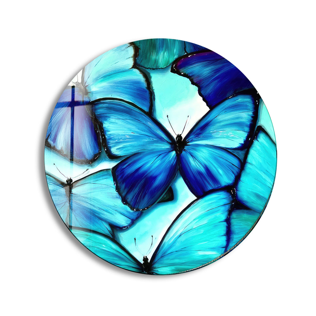 Blue Butterfly Round Glass Wall Art print picture on glass, Tempered Glass Wall Art
