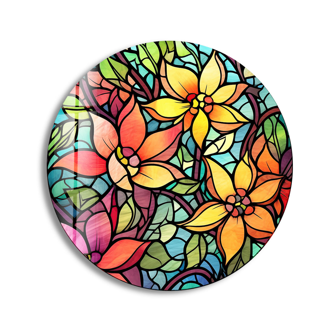 Stained Flower and Leaf Details Round Glass Wall Art print picture on glass, Tempered Glass Wall Art
