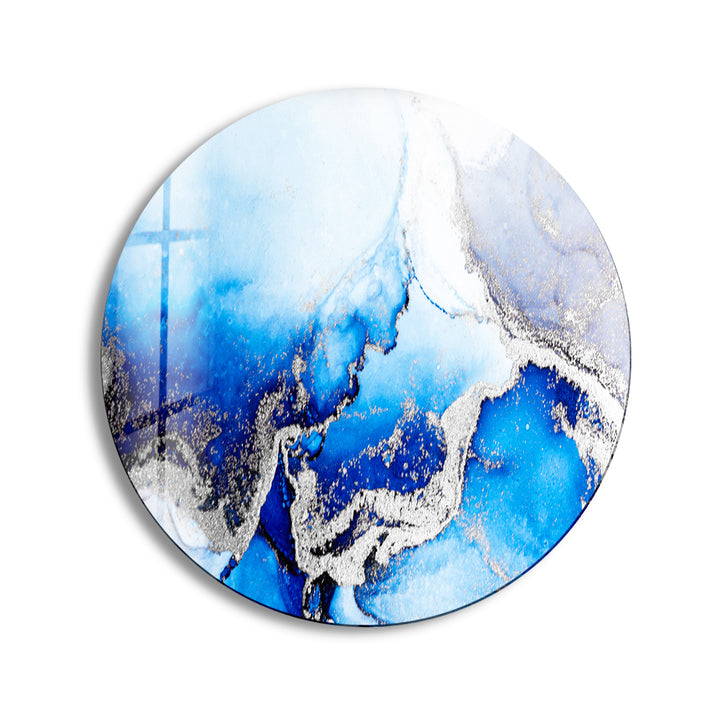 Blue Marble Round with Silver Details Glass Wall Art print picture on glass, Tempered Glass Wall Art
