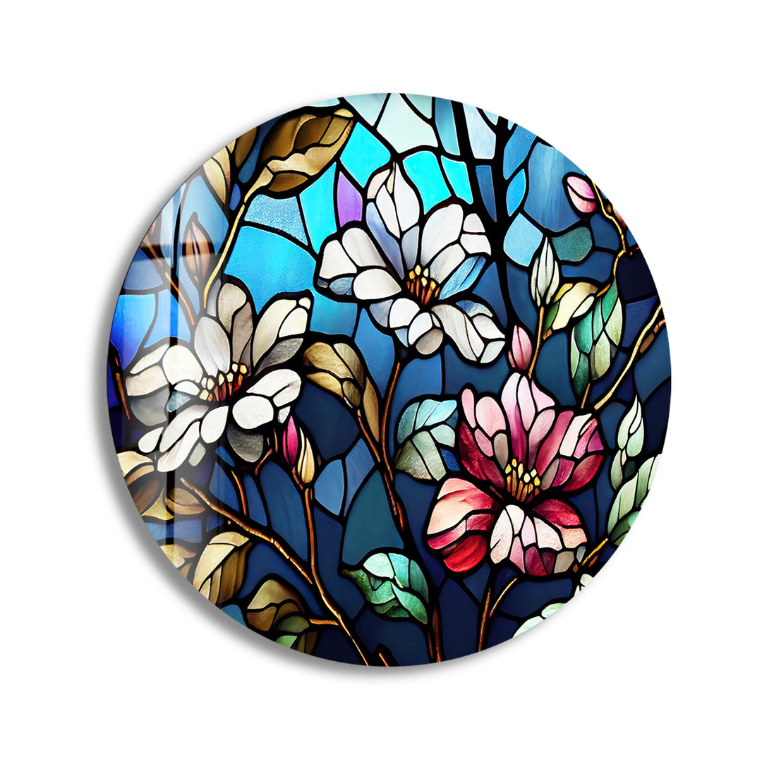 Stained White Magnolia Round Glass Wall Art stained glass wall art, stained glass wall decor
