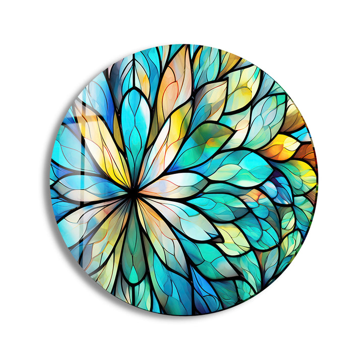 Stained Green Flower Round Glass Wall Art print picture on glass, Tempered Glass Wall Art