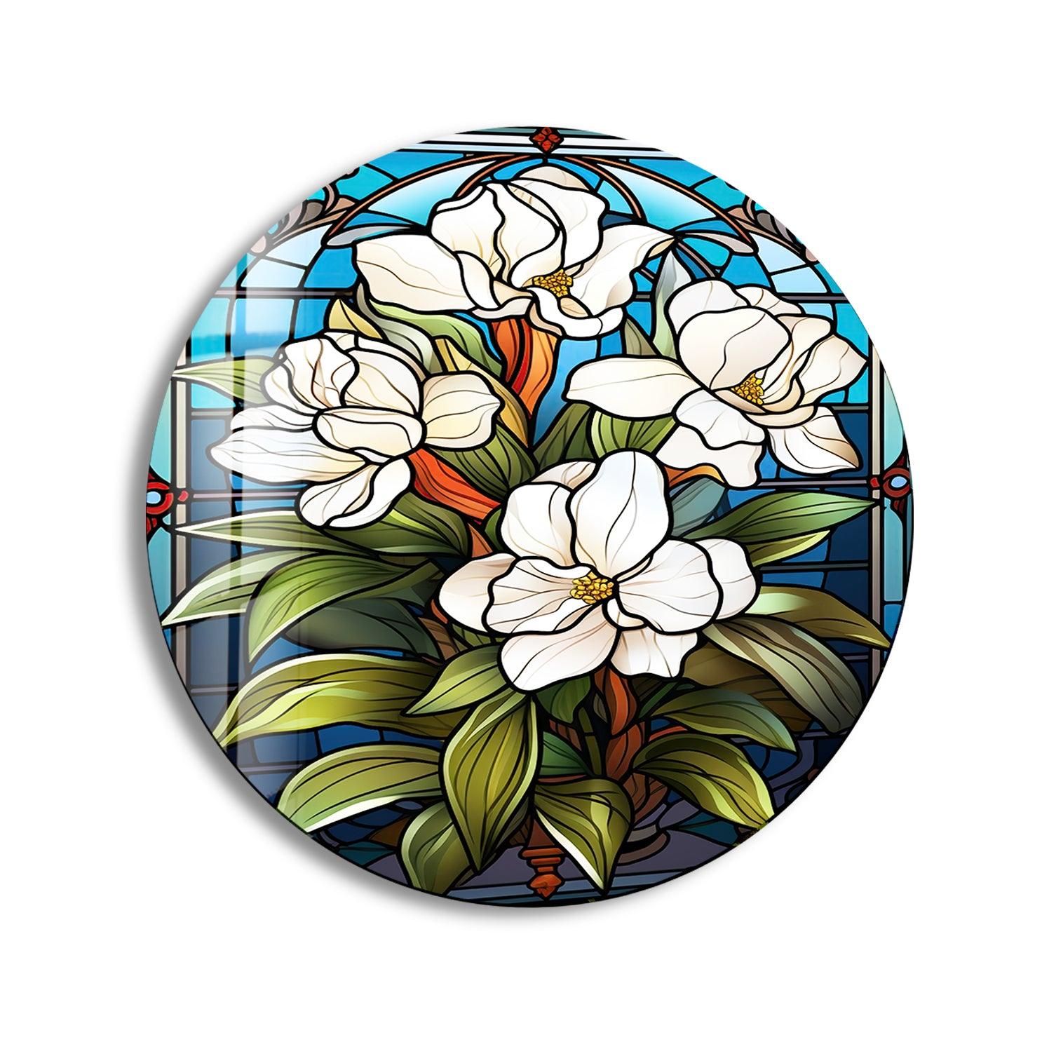 Stained Round White Flowers Glass Wall Art Glass Printing Wall Art, Print photos on glass
