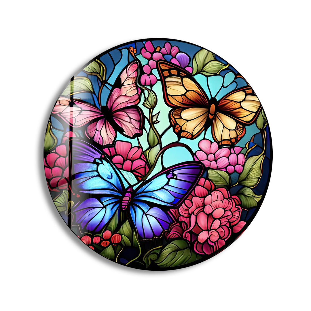 Stained Colored Butterflies Round Glass Wall Art art glass wall art, glass wall art pictures
