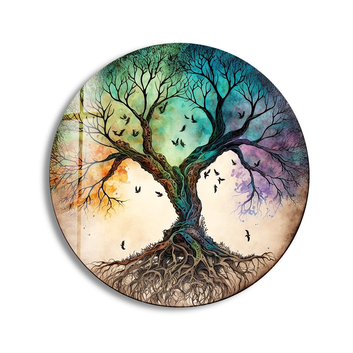 Colorful Life Of Tree Round Glass Wall Art glass wall decor, glass wall art decor
