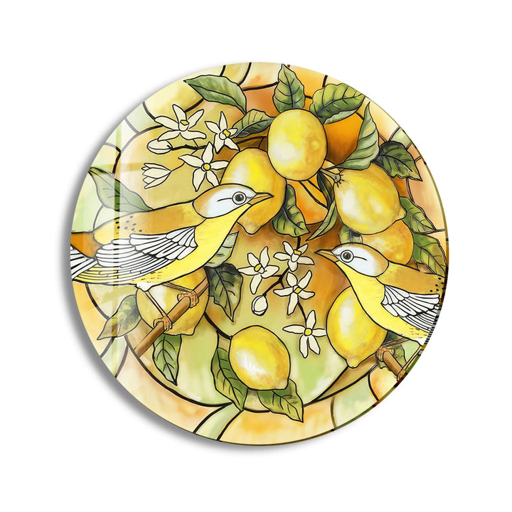 Lemon Tree & Birds Stained Round Glass Wall Art print picture on glass, Tempered Glass Wall Art
