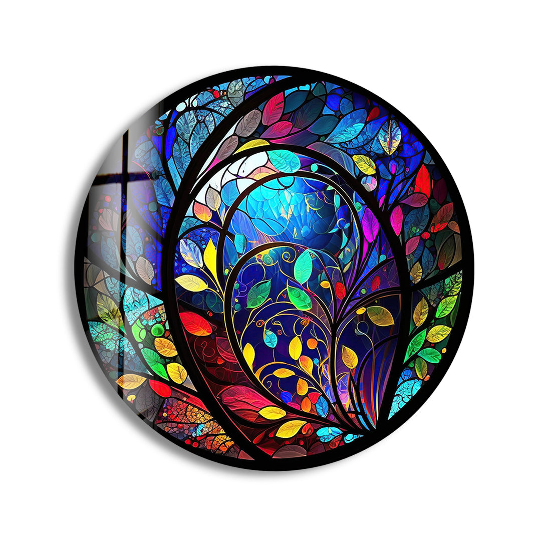 Circular Stained with Tree Round Glass Wall Art print picture on glass, Tempered Glass Wall Art
