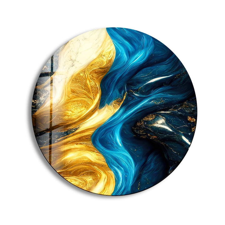 Marble Round Yellow & Blue Glass Wall Art print picture on glass, Tempered Glass Wall Art
