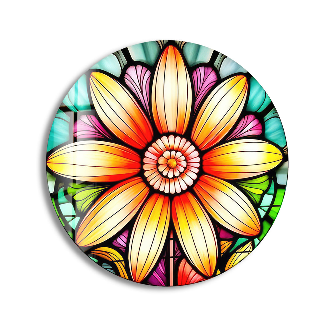 Orange Stained Flower Round Glass Wall Art print picture on glass, Tempered Glass Wall Art
