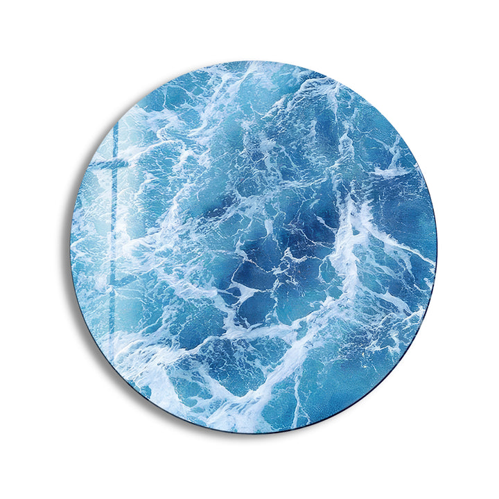 Blue Ocean Waves Round Glass Wall Art print picture on glass, Tempered Glass Wall Art