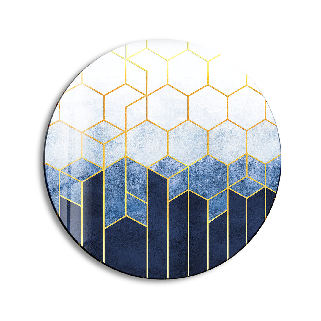 Gold Hexagons Patterned Round Glass Wall Art print picture on glass, Tempered Glass Wall Art
