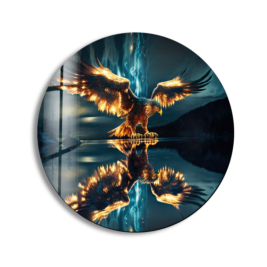 Golden Eagle Abstract Round Glass Wall Art print picture on glass, Tempered Glass Wall Art
