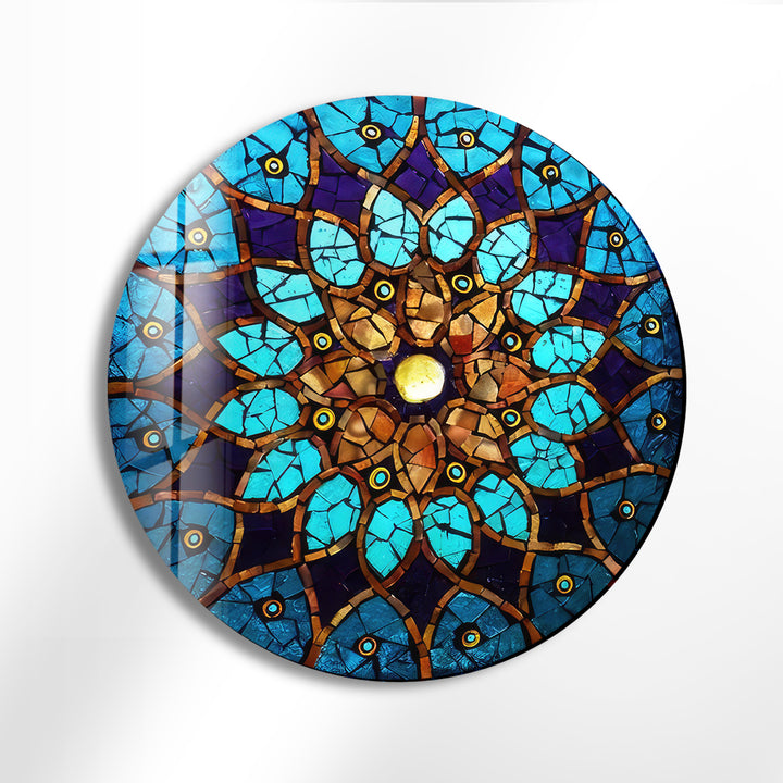 Blue Mosaic Design Round Glass Wall Art stained glass wall art, stained glass wall decor
