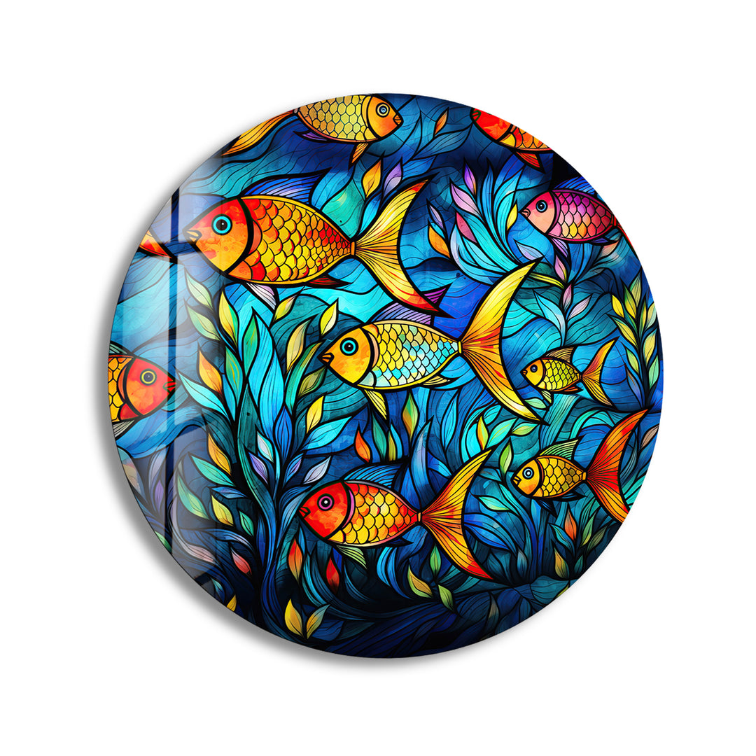 Stained Fish Paint Round Glass Wall Art glass pictures for Wall, glass prints wall art
