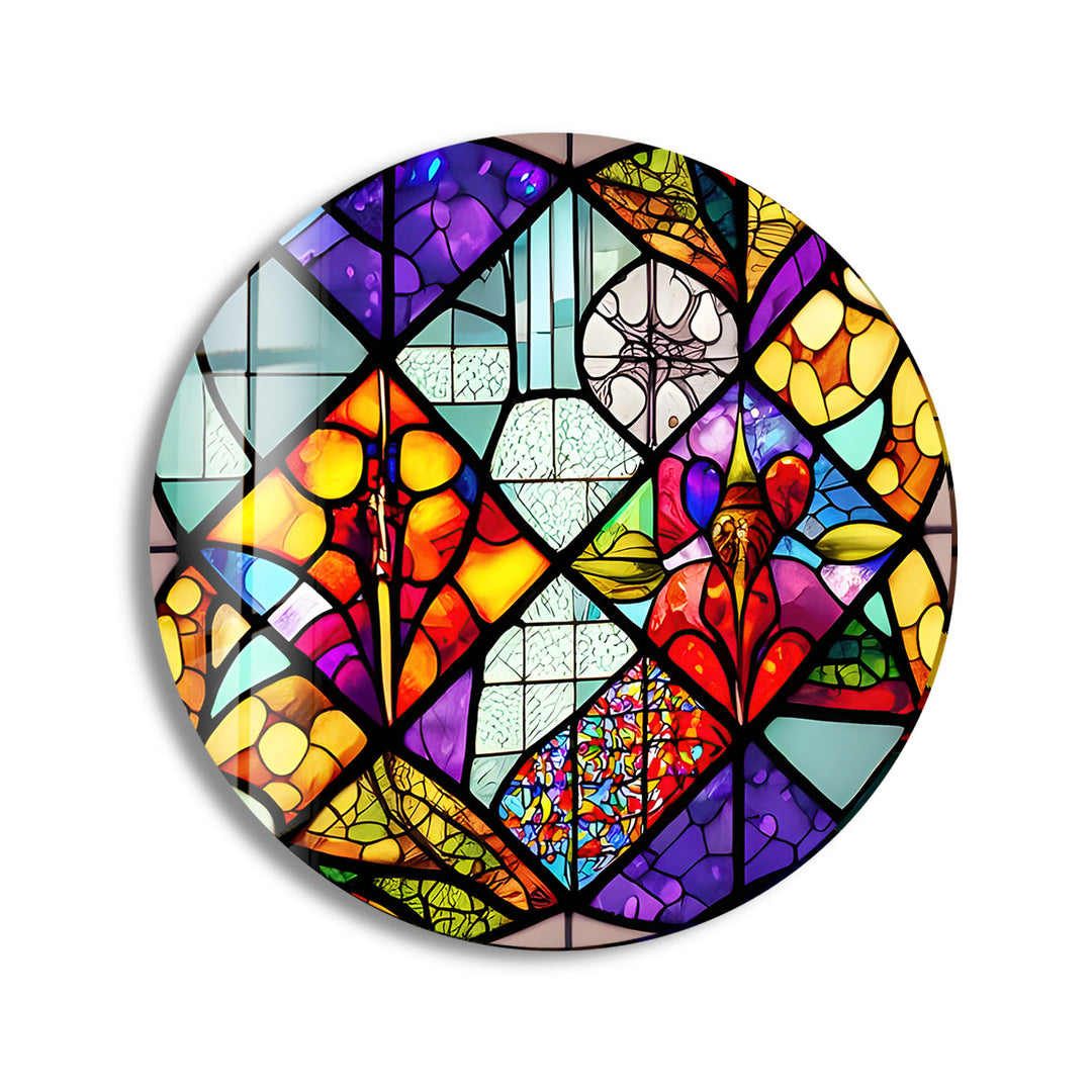 Colorful Shapes And Patterns Stained Round Glass Wall Art print picture on glass, Tempered Glass Wall Art
