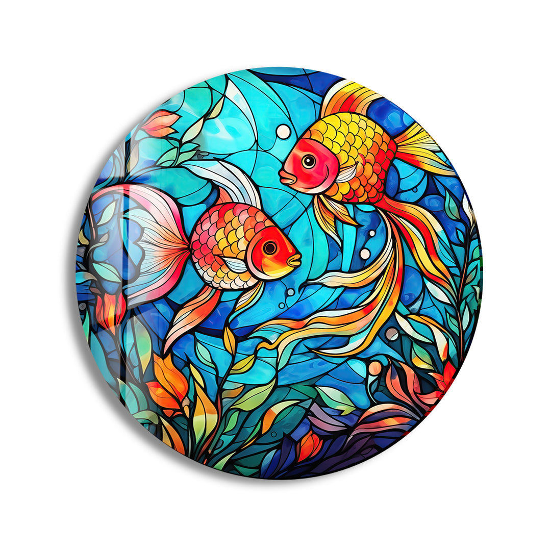 Stained Little Fishes Round Glass Wall Art print picture on glass, Tempered Glass Wall Art
