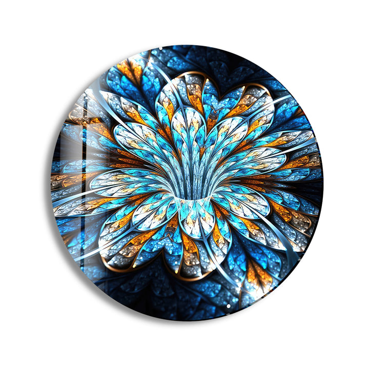 Fractal Blue Flower Round Glass Wall Art print on glass, glass printed photos
