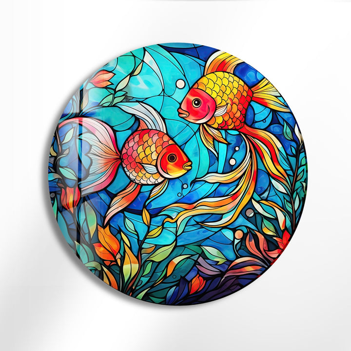 Stained Little Fishes Round Glass Wall Art stained glass wall art, stained glass wall decor
