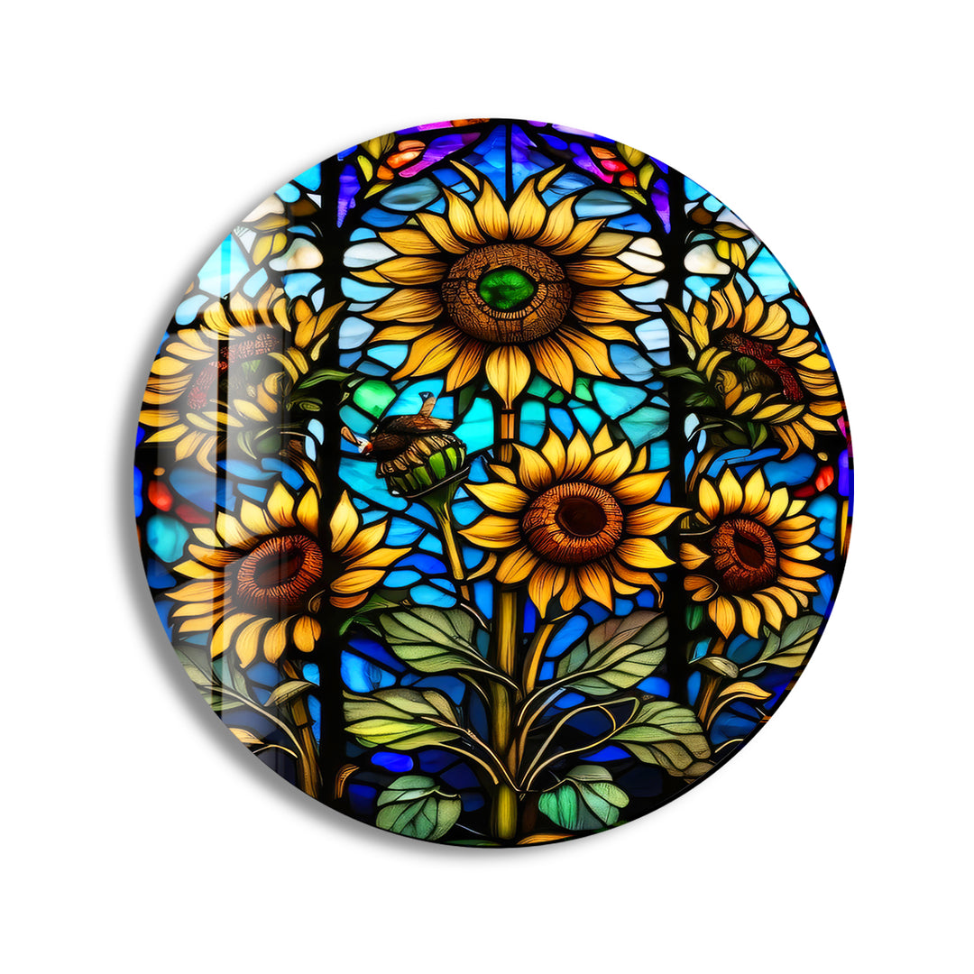 Sun Flowers Stained Round Glass Wall Art print picture on glass, Tempered Glass Wall Art
