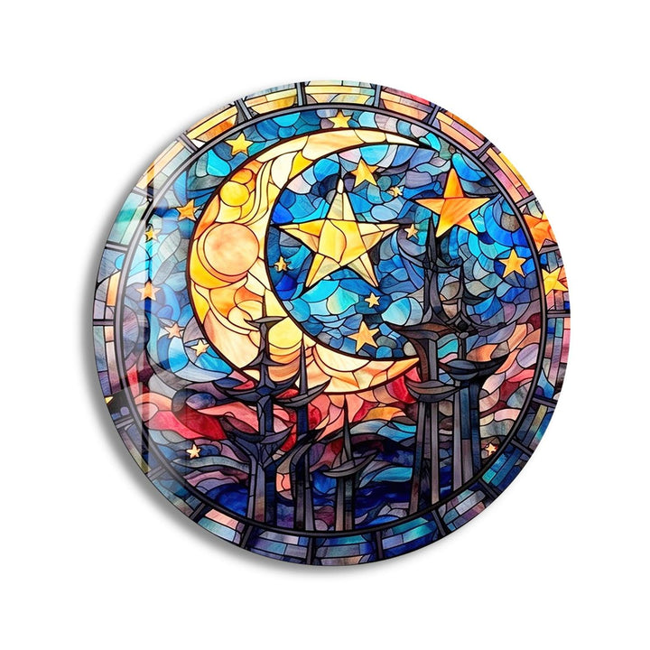 Stained Moon Stars Round Glass Wall Art glass art painting, glass art for the Wall
