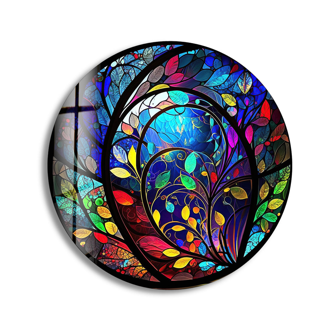 Stained Colorful Leaf Round Glass Wall Art glass wall decor, glass wall art decor
