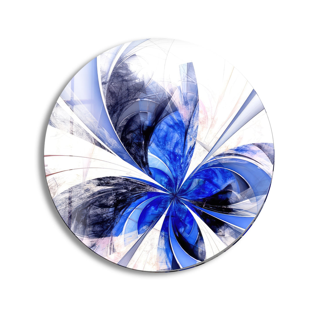 Blue Fractal Flower Round Glass Wall Art print picture on glass, Tempered Glass Wall Art
