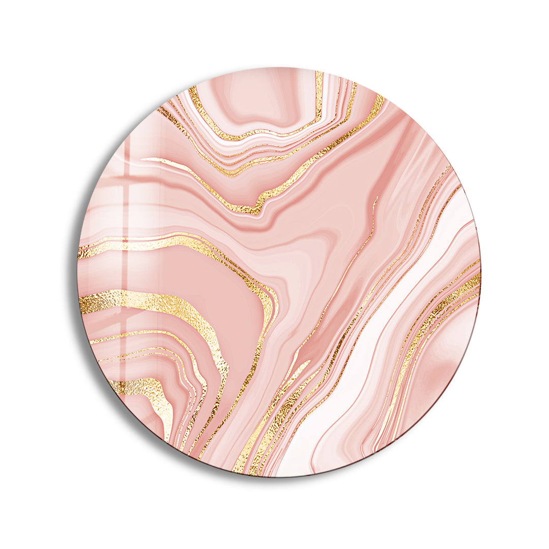 Pink Abstract with Gold Details Round Glass Wall Art print picture on glass, Tempered Glass Wall Art
