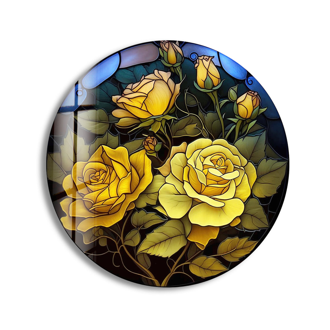 Yellow Roses Floral Round Glass Wall Art picture on glass wall art, photos printed on glass
