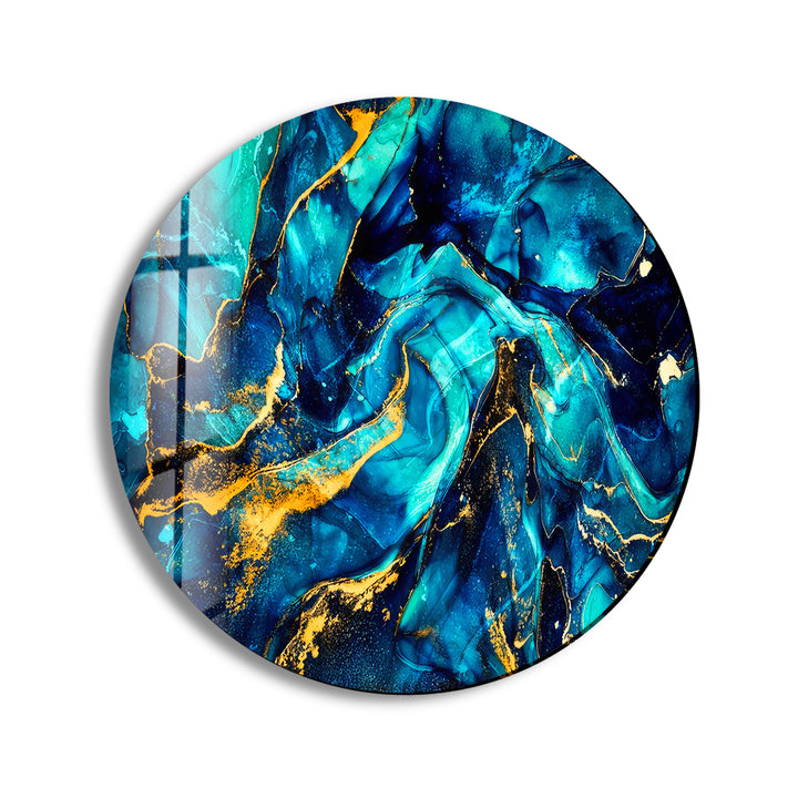 Abstract Round Dark Blue & Gold Glass Wall Art Glass Printing Wall Art, Print photos on glass
