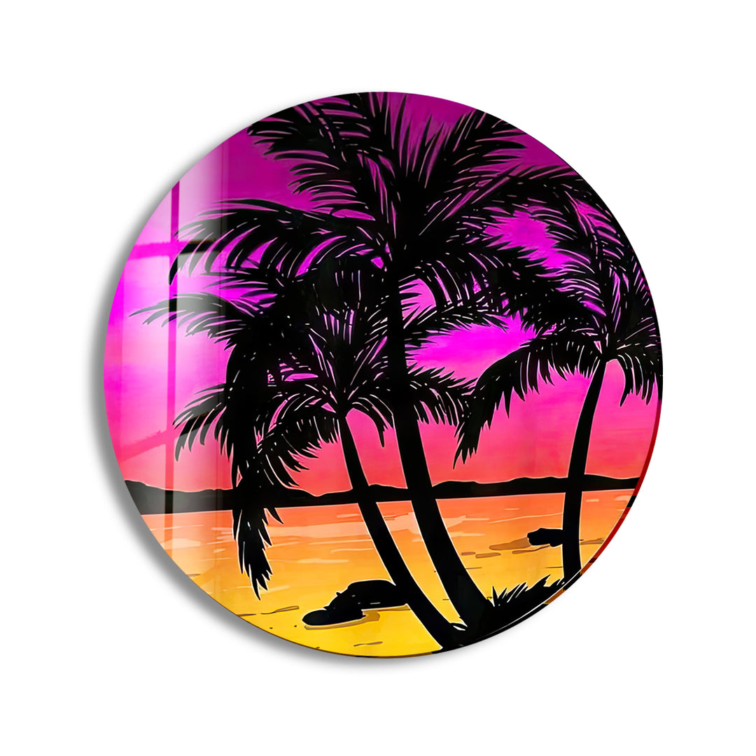 Tropical with Sunset View Round Glass Wall Art print picture on glass, Tempered Glass Wall Art
