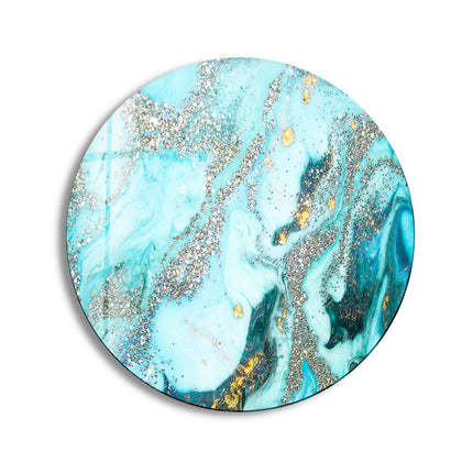 Blue Marble with Silver Details Round Glass Wall Art print picture on glass, Tempered Glass Wall Art