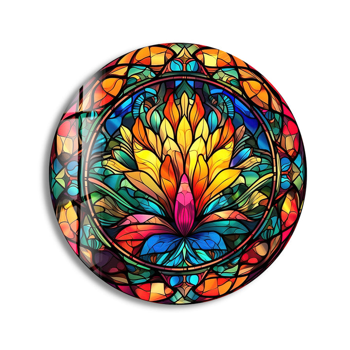 Yellow Flower Stained Round Glass Wall Art print on glass, glass printed photos
