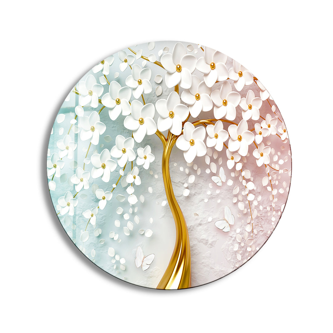 Tree with Golden Trunk Round Glass Wall Art print picture on glass, Tempered Glass Wall Art