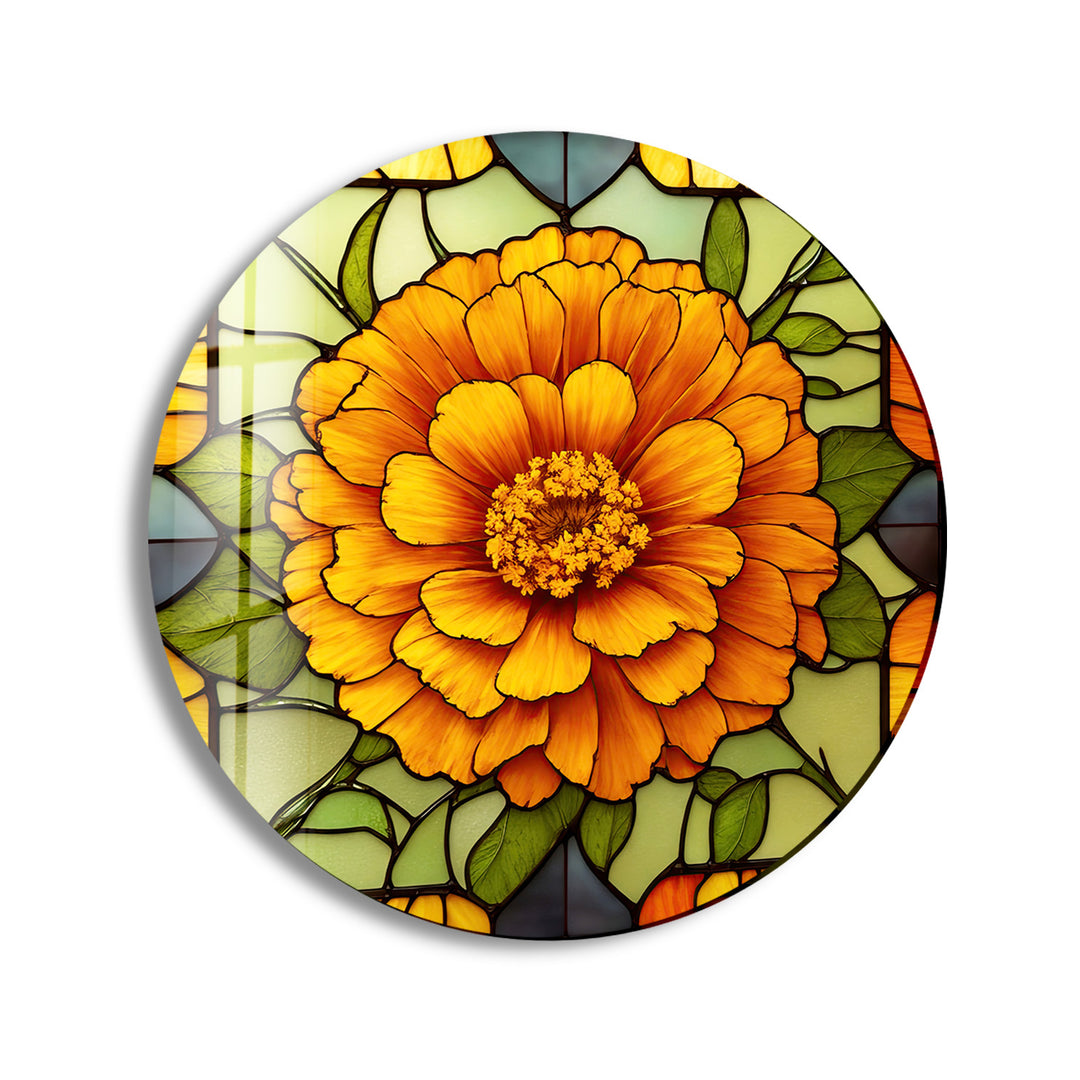 Marigold Flower Stained Round Glass Wall Art print picture on glass, Tempered Glass Wall Art
