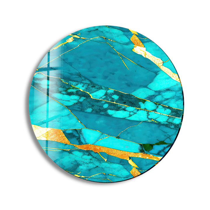 Abstract Round Light Blue & Gold Glass Wall Art print picture on glass, Tempered Glass Wall Art
