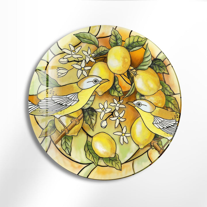 Lemon Tree & Birds Stained Round Glass Wall Art stained glass wall art, stained glass wall decor
