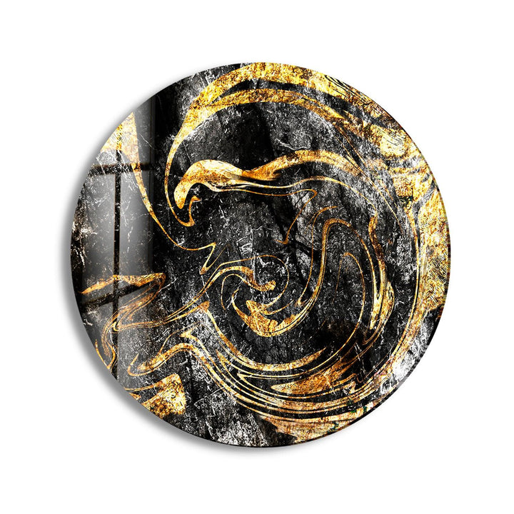 Golden Details Black Abstract Round Glass Wall Art print picture on glass, Tempered Glass Wall Art
