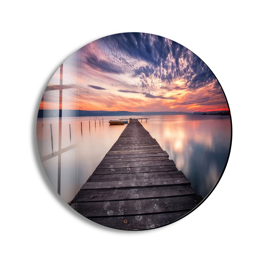 Purple Sunset Lake View Round Glass Wall Art print picture on glass, Tempered Glass Wall Art
