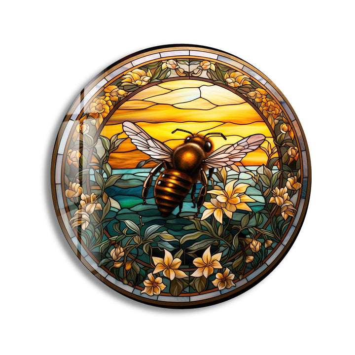 Stained Round Bee Glass Wall Art glass photo prints, glass picture prints
