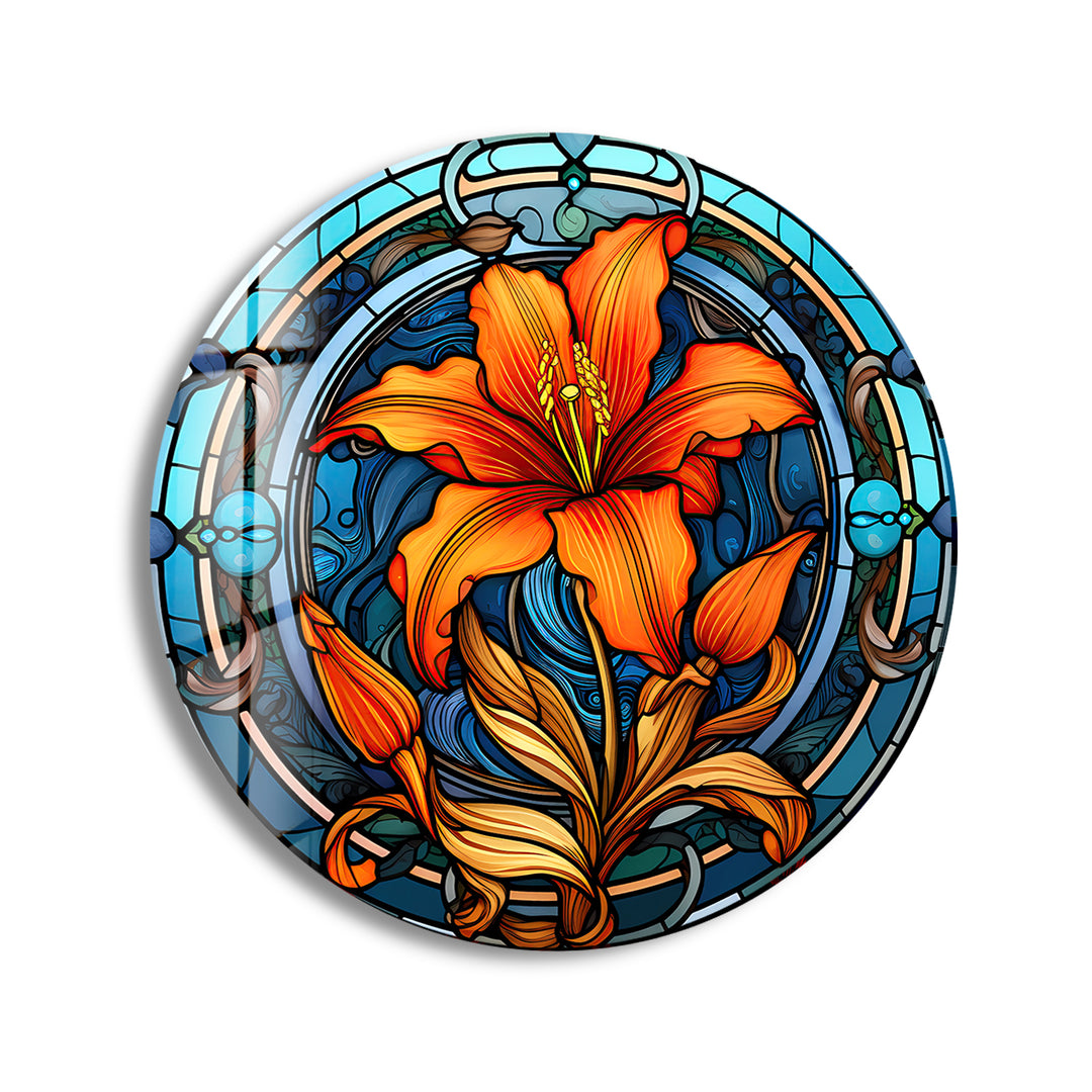 Circular Stained Orange Flower Round Glass Wall Art print picture on glass, Tempered Glass Wall Art
