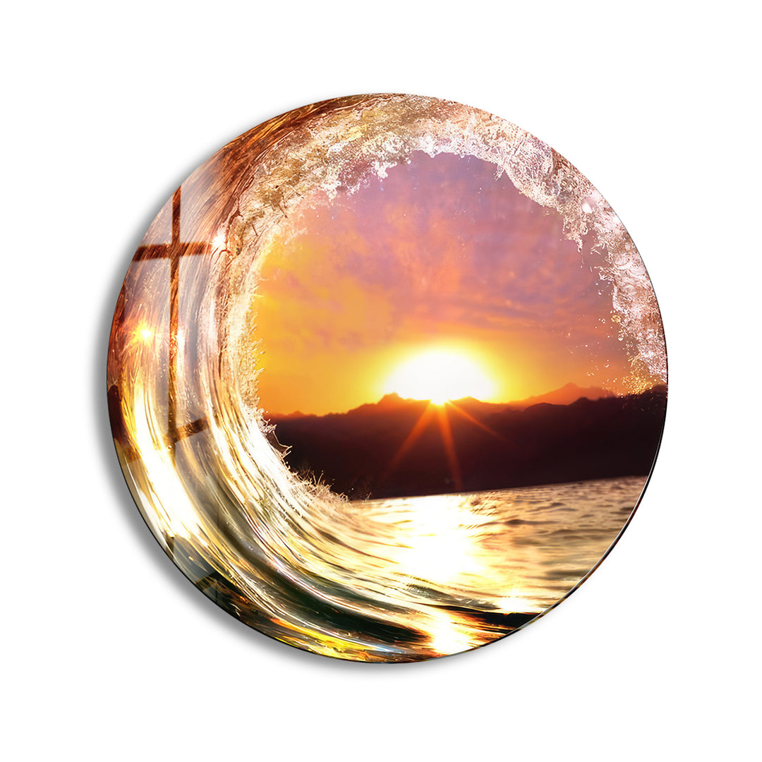 Sunset & Waves Round Glass Wall Art print picture on glass, Tempered Glass Wall Art
