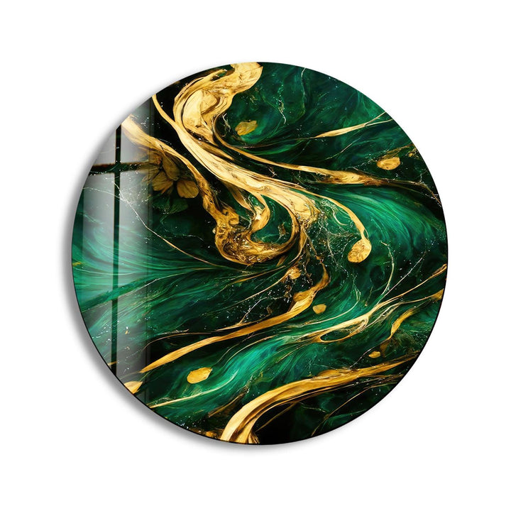 Green & Gold Abstract Round Glass Wall Art print picture on glass, Tempered Glass Wall Art