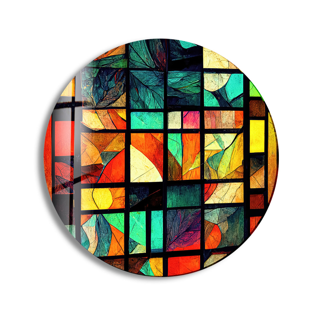 Yellow & Green Stained Round Glass Wall Art print picture on glass, Tempered Glass Wall Art
