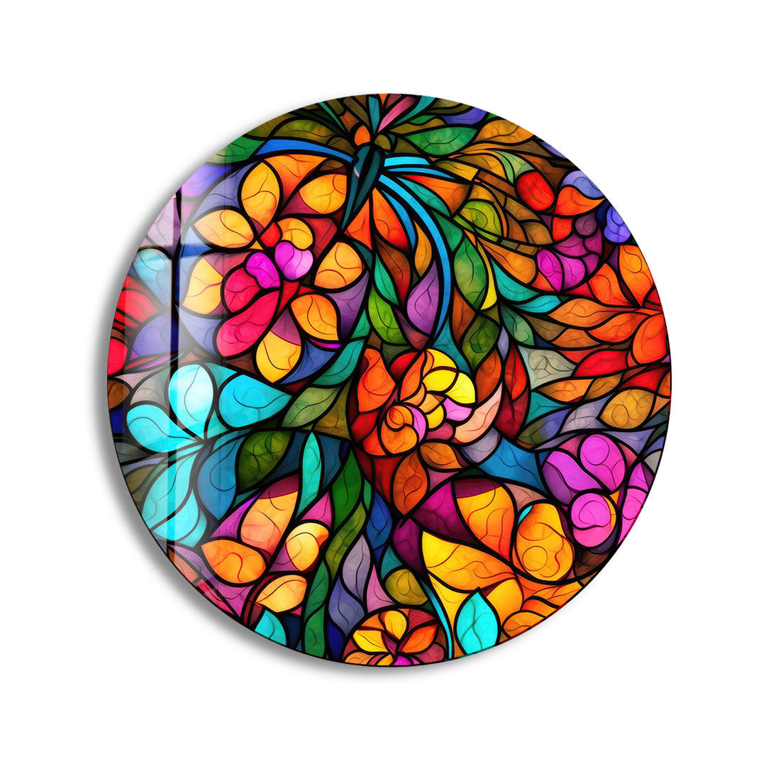 Stained Colored Fractal Round Glass Wall Art print picture on glass, Tempered Glass Wall Art
