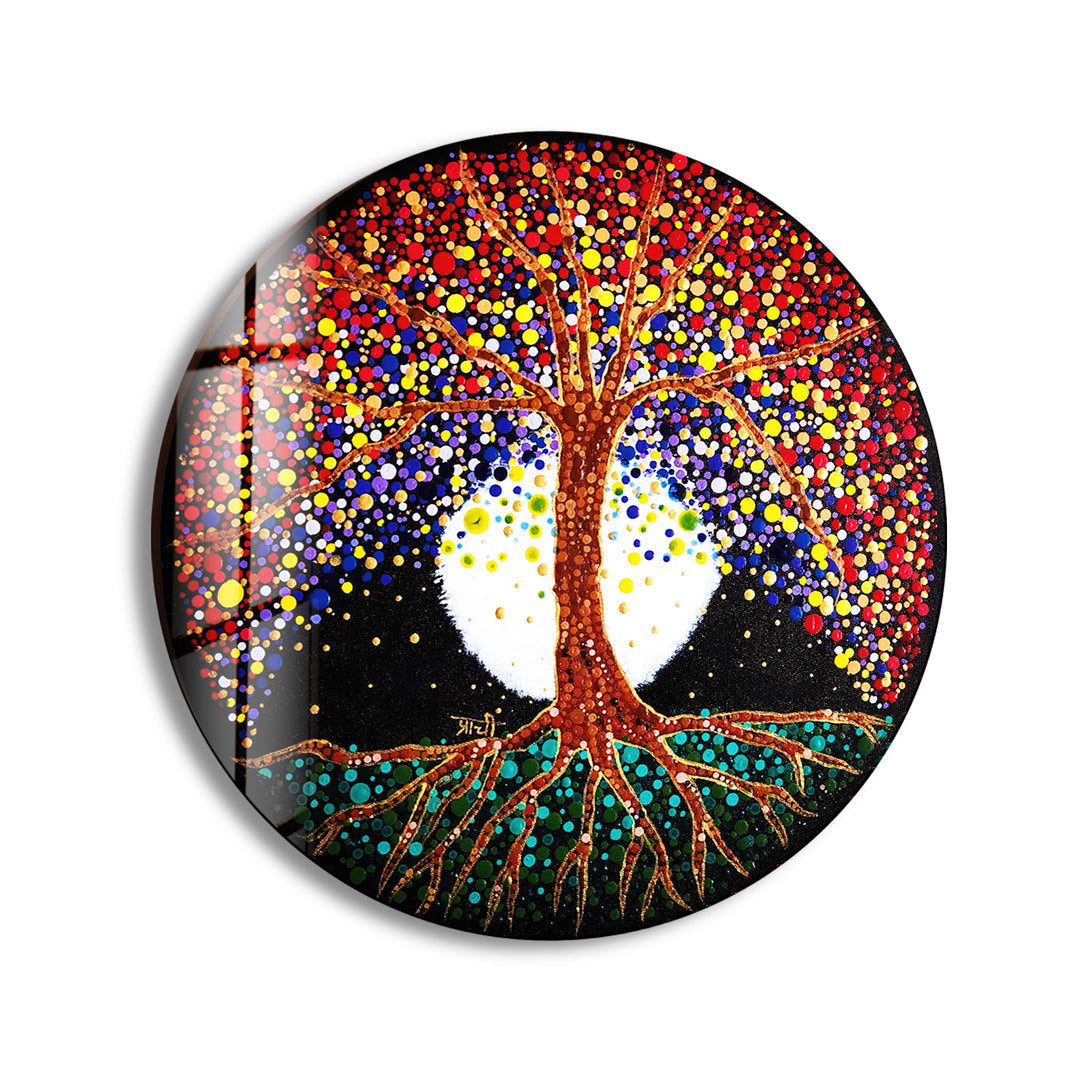 Brown Life of Tree Round Glass Wall Art Glass Printing Wall Art, Print photos on glass
