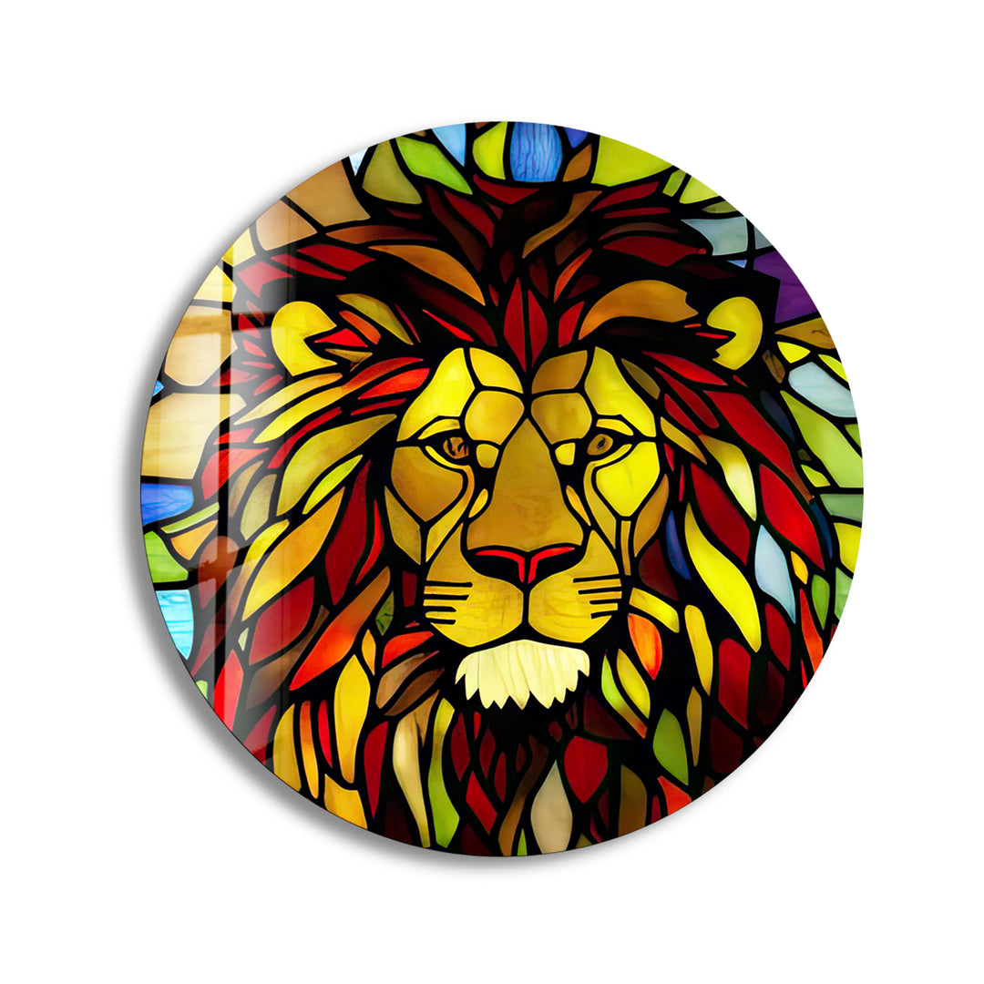 Stained Yellow Lion Round Glass Wall Art Glass Printing Wall Art, Print photos on glass
