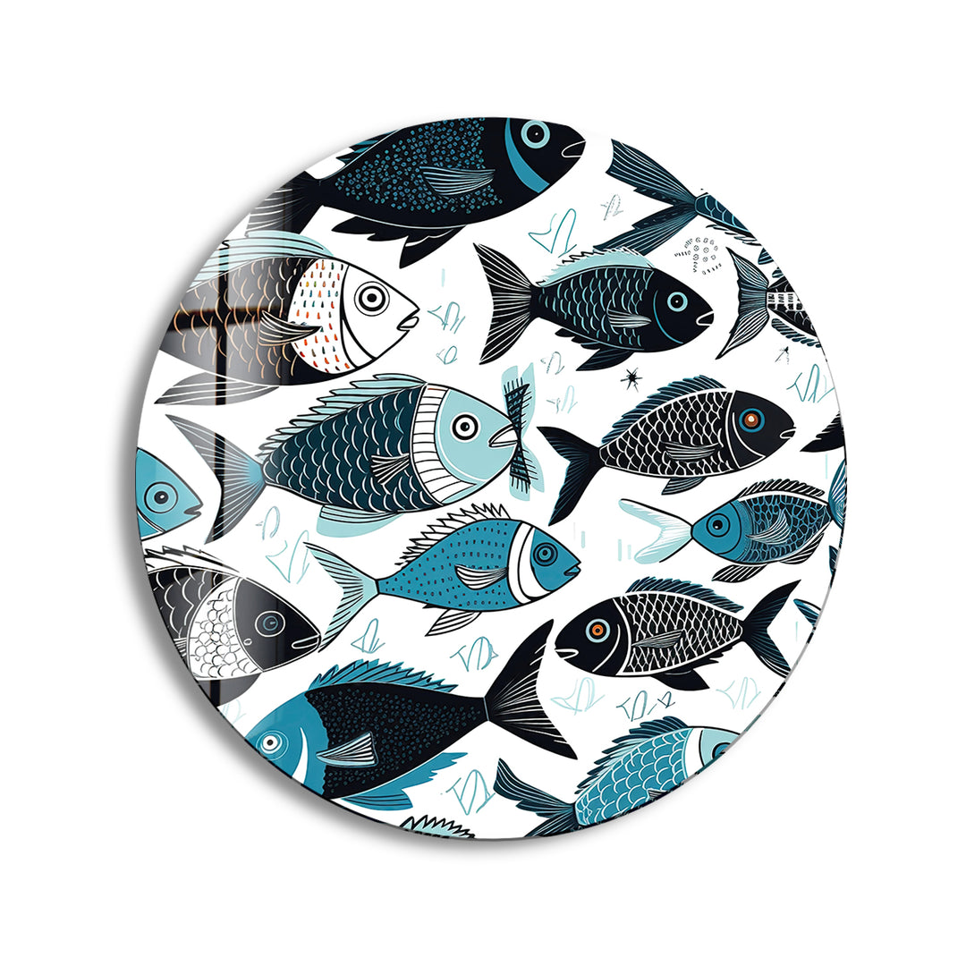 Cartoon Fish Round Glass Wall Art print picture on glass, Tempered Glass Wall Art
